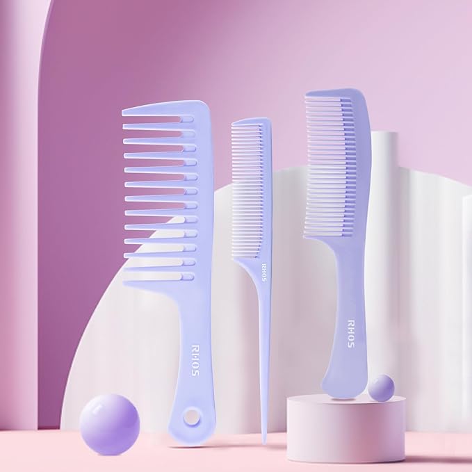 RHOS Medium Tooth Detangling Comb Set for Curly/Straight/Short/Thick Hair, Wet & Dry Use - Pink & Purple