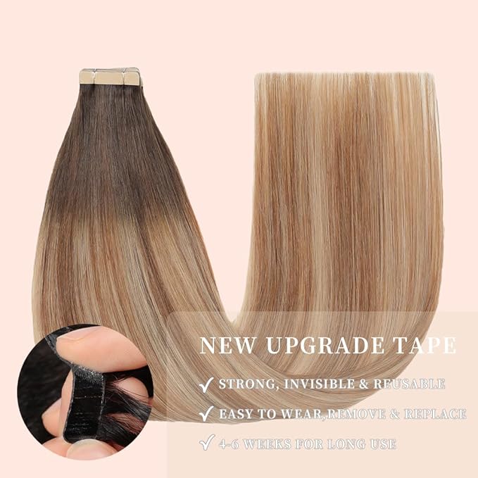 Tape in Hair Extensions Human Hair 20pcs Remy Hair Extensions 18 Inch Chestnut Brown to Light Brown Mixed Light Blonde Straight Invisible Human Hair Tape in Extensions (2/6/18K#,18 Inch)