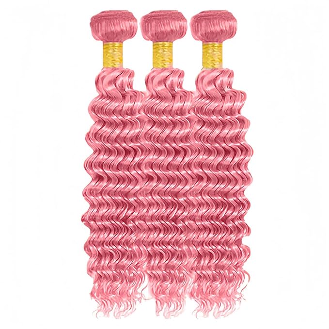 Pink Deep Wave Bundles Light Pink Human Hair Bundle Niegmeag Brazilian Virgin Soft and Skily Remy Hair 3 Bundles 26 28 30 Inch Pure Pink Color
