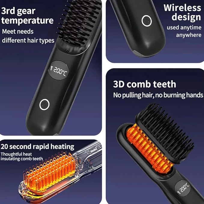 Cordless Hair Straightener Brush: Portable Rechargeable Heated Straightening Comb with LED Display & 3 Temperature Settings - Travel Hair Brush for Smooth Frizz-Free Styling (White)