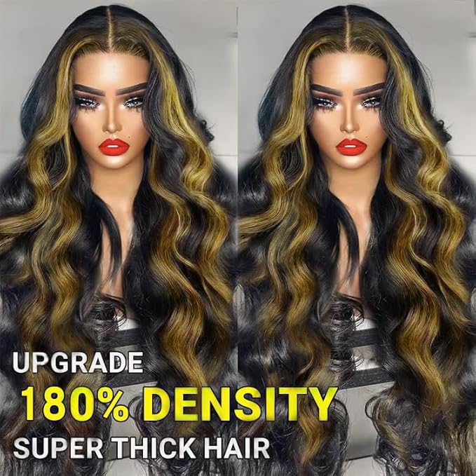 Highlight Lace Front Wig Human Hair 200% Density 13x6 Ombre Body Wave Pre Plucked HD Lace Wig for Women 30 inch 1b/27 Color