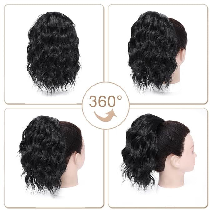 Ponytail Extension-12 Inch Drawstring Ponytail Hair Extensions for Women Synthetic Curly Wavy Fake Pony Tails Hair Pieces for Daily Party Use (Black)