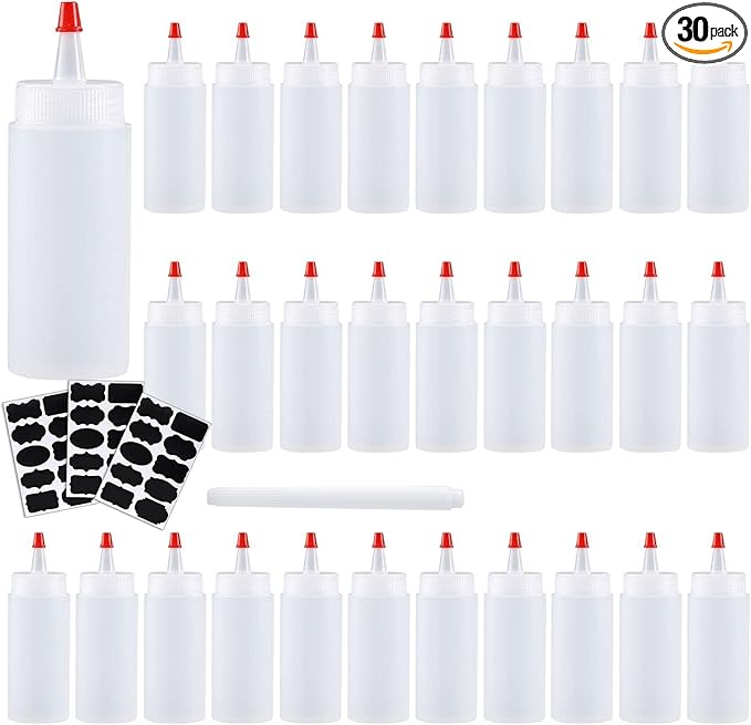 Squeeze Bottle, Shekure 30Pcs 4 Oz Premium Food Grade Plastic Bottles with Squeeze Top Caps Include 2 Labels and 1 Pen for Icing Cookie Decorating Sauces Condiments Arts Crafts BPA Free