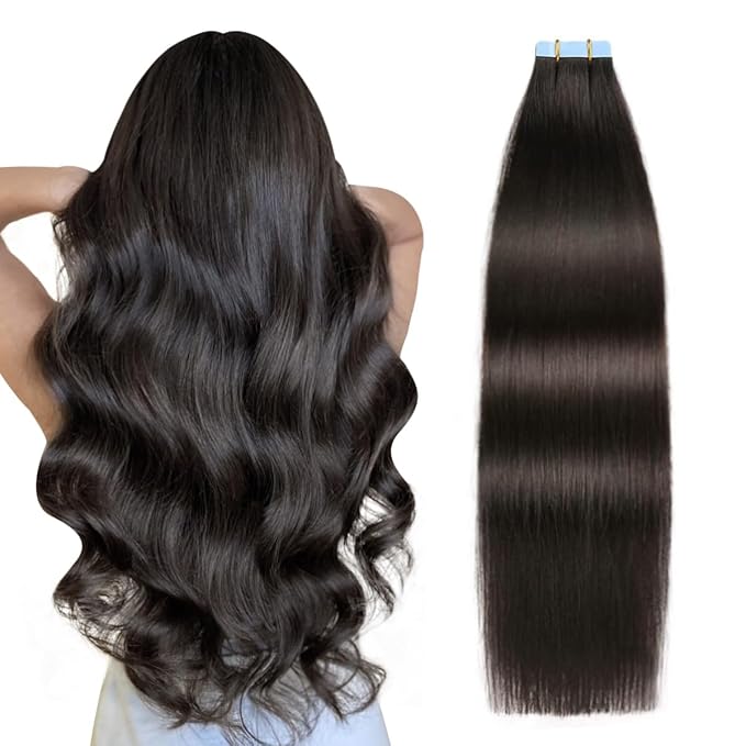 SUYYA Tape in Hair Extensions 100% Remy Human Hair 16 inches 20pcs 40g/pack Straight Seamless Skin Weft Tape Hair Extensions Natural Black(16 inches #1B Off Black)