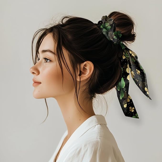 Four Leaf Elastic Bow Hair Ties Women Black Green Ribbon Scrunchies with Long Tails St Patricks Day Scrunchies with Ribbon Trendy 2 Piece