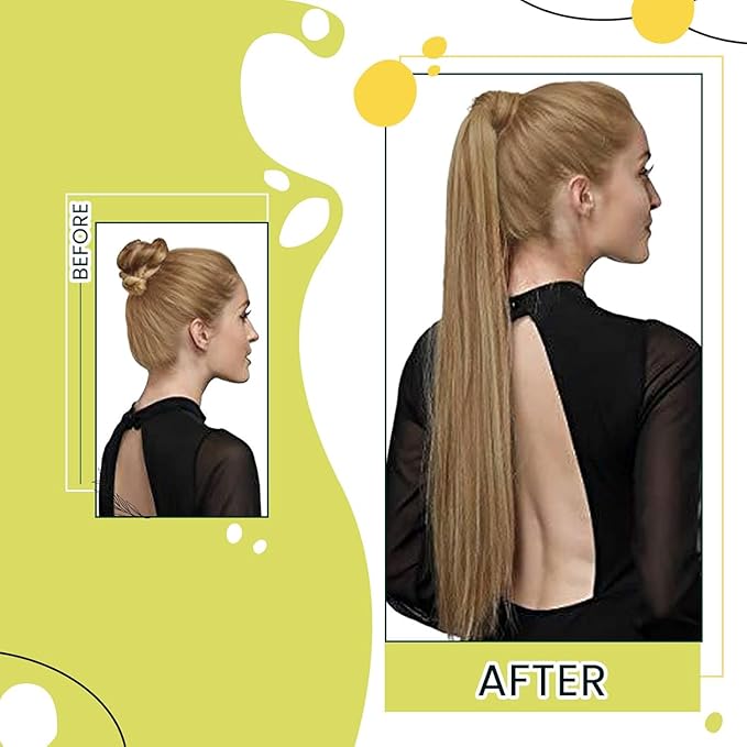 RUNATURE Ponytail Extension Human Hair, Real Hair Ponytail Extension for Women, Magic Paste Straight Human Hair Ponytail, 18 Inch 80g #10P16 Dark Blonde Highlight Caramel Blonde