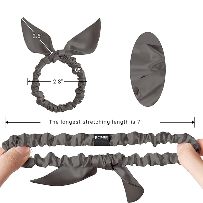 THXSILK Hair Silk Scrunchies with Bow for Women Pure Mulberry Silk Hair Cute Ring Ties Scrunchies for Girls Women's Thick Hair, Charcoal, 2.8"