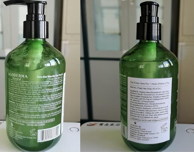 Aloderma Organic Aloe Vera Gel for Skin + Tea Tree Oil, Made within 12 Hours of Harvest, Soothing Pure Aloe Vera Gel for Face, Works Great for Oily Skin, Dry Scalp, Aftershave, Natural Aloe - 10.6 Oz