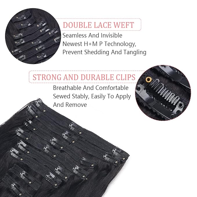 Straight Clip in Hair Extensions Real Human Hair 8Pcs Remy Human hair Clip ins for Women, Natural Soft Silk Straight Human Hair 120g 16inch #1B Natural Black