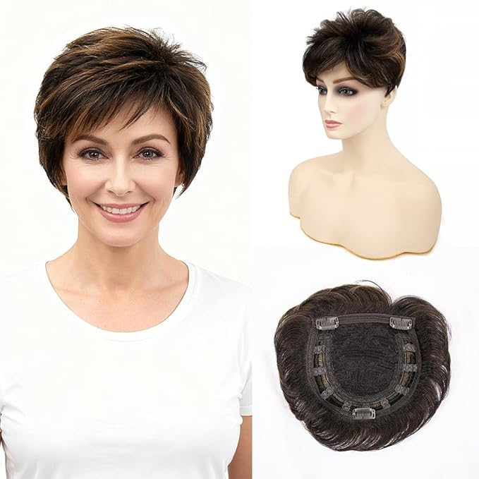 Short Hair Topper for Thinning Hair 4 Inch Short Pixie Cut Toppers Pieces Natural Curly Synthetic Black Wiglets Hairpieces (Rich Chestnut Brown with Highlight, 4 inch)