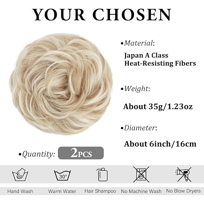 SARLA 2PCS Messy Hair Bun Hair Pieces Wavy Curly Synthetic Updo Fake Scrunchies Ponytail Extension for Women Cream Blonde