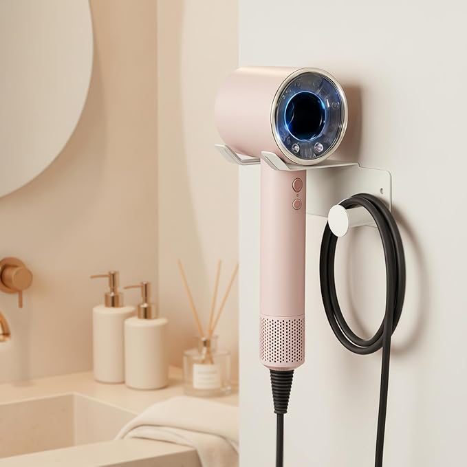 Hair Dryer Holder, Dyson Hair Dryer Holder, Blow Dryer Holder with Cord Hook SUS304 Stainless Steel Wall Mount, Self Adhesive/Screw Space Saving Hairdryer Holder for Bathroom White Ptalseaw