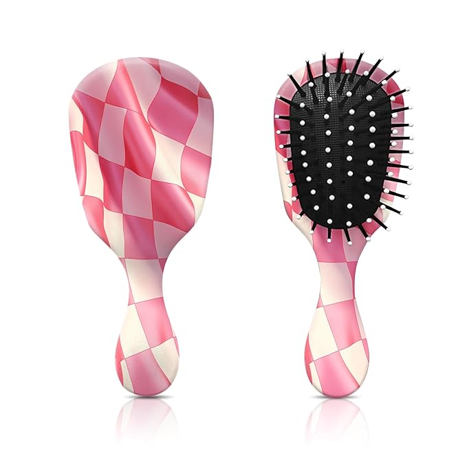 Mini Hair Brush,Cute Detangling Travel Hair Brush,Soft Bristles for Effortless Tangle Removal,Detangler Hairbrush for Women Men Boys Girls Kids Wet Dry All Hair Types (Pink Grid, Mini)