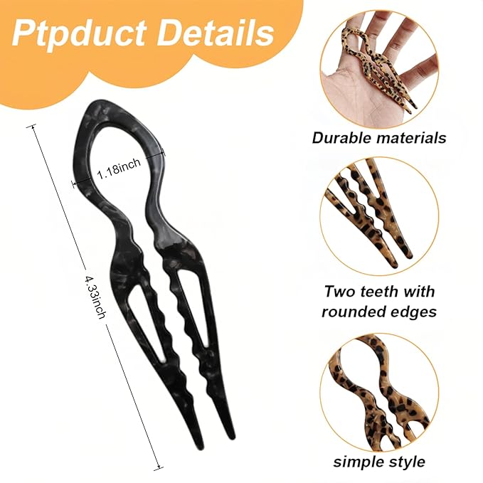 Prestige Hair Pins,French U-Shaped Hair pin 3Pack Elegant Women Hair Accessories Suitable for Thick or Thin Hair (Black, Leopard print, Blue)