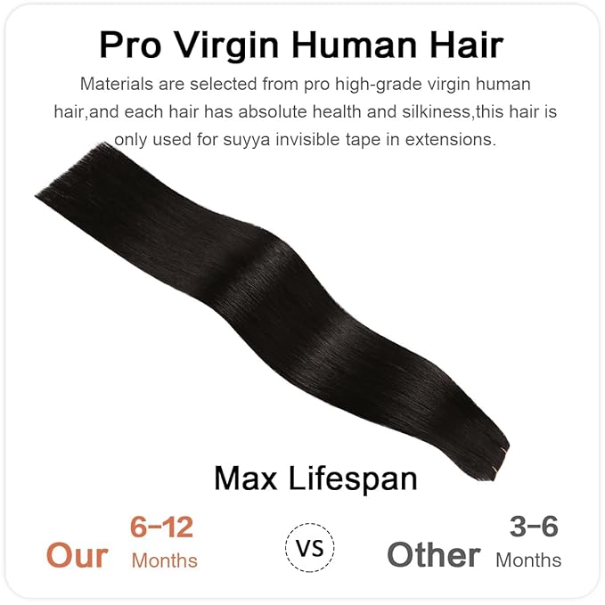 SUYYA Invisible Tape in Hair Extensions Human Hair Natural Black Seamless Injected Hand-Tied Pro Quality Virgin Human Hair 20PCS 50G/Pack Straight Tape Ins(22 inch #1B Off Black)