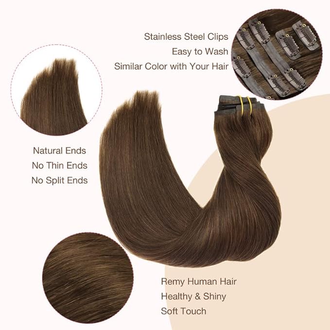 GOO GOO Clip in Hair Extensions Real Human Hair, Remy Human Hair Extensions Clip ins for Women, Natural Human Hair, 22inch 110g 7Pcs, 4A Chocolate Brown