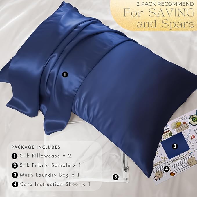 PROMEED 23 Momme Silk Pillowcase 2 Pack Toddler/Travel Size with Free Laundry Bag, Highest Grade 6A+ 100% Mulberry Silk Pillow Case Set of 2, Zipper (Toddler/Travel 13"x18", Navy)
