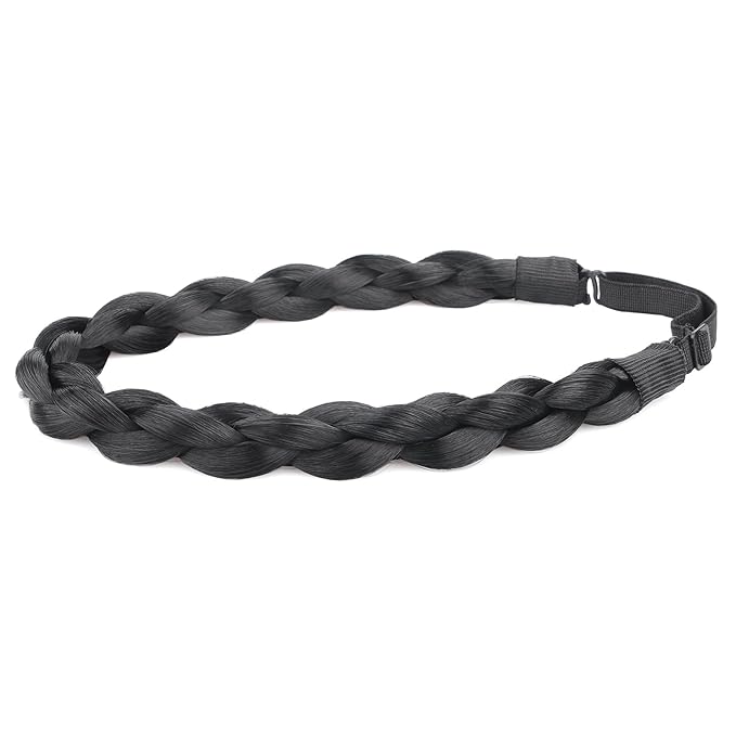 DIGUAN Chubby Narrow Synthetic Hair Braided Headband Classic Chunky Plaited Braids Elastic Stretch Hairpiece Women Girl Beauty accessory, 58g (Black)