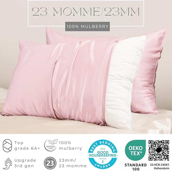 PROMEED 23 Momme Grade 6A+ Pink Silk Pillowcase with Zipper, Premium Mulberry Silk Pillow Cases for Women Hair, Natural Silk Anti Acne Pillowcase (King 20"x36", Pink)