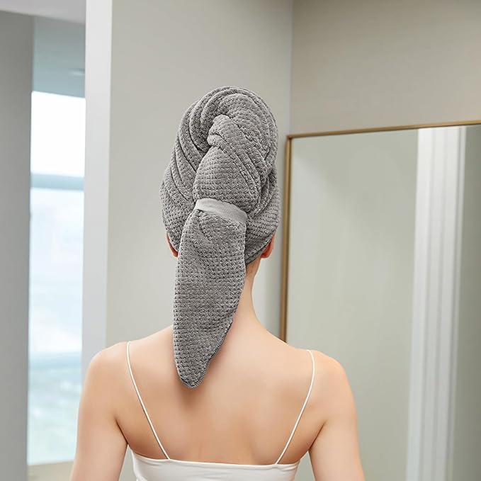 Women Microfiber Hair Towel Wrap with Elastic Strap,Super Absorbent Anti Frizz Drying Turban for Curly, Long,Wet Hair- Grey