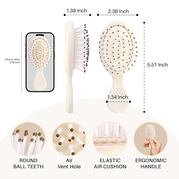 RHOS Mini Hair Brush for Women,Men and Kids-Travel Size Hair Brush for Purse,Pocket,backpack-Small Cushion Paddle Brush with Soft Bristles-Mini Detangler Brush for All Hair Types(1 Pack-Beige)