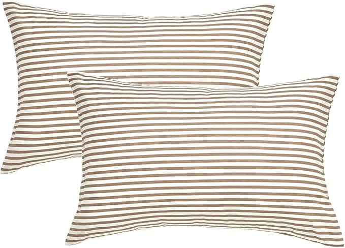 JELLYMONI 100% Natural Cotton Striped Queen Pillowcases Set, 2 Pack White and Khaki Stripes Pattern Printed Pillow Covers with Envelope Closure(Pillows are not Included)