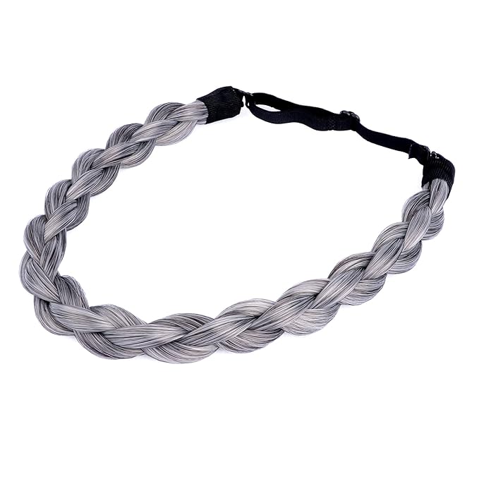 DIGUAN Chubby Narrow Synthetic Hair Braided Headband Classic Chunky Plaited Braids Elastic Stretch Hairpiece Women Girl Beauty accessory, 58g (Dark Gray)