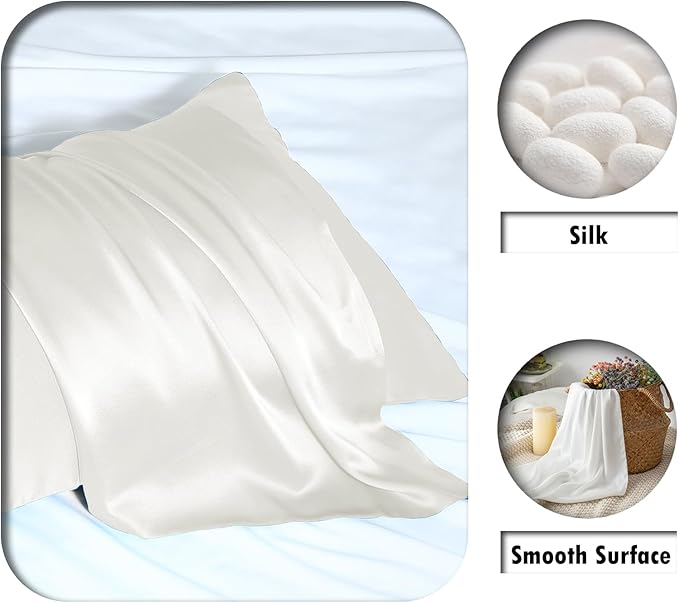 Silk Pillow Cases 2 Pack Soft Breathable and Sliky Queen Size Pillow Cases Set of 2,Natural Mulberry Satin Silk Pillowcase with Hidden Zipper for Hair and Skin (Ivory,20"X 30",2pcs)