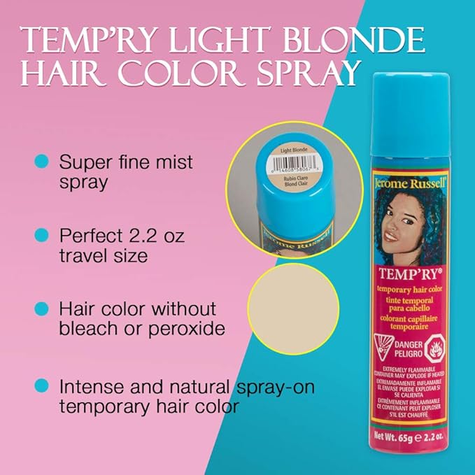 Jerome Russell Light Blonde Temporary Hair Color Spray - Intense Fast-Drying, Non-Sticky Travel Size Hair Dye for Instant Vivid Color, 2.2 oz