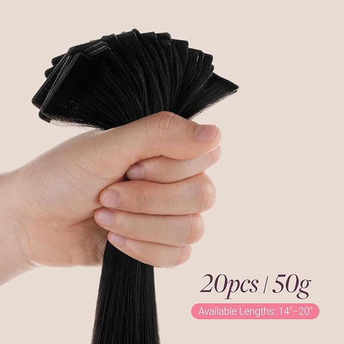 GOO GOO Genius Tape in Hair Extensions, Hand Tied Tape Weft, 1 Jet black, 20inch 50g 20pcs, Remy Human Hair, Seamless Invisible Tape, Natural Blend, Lightweight