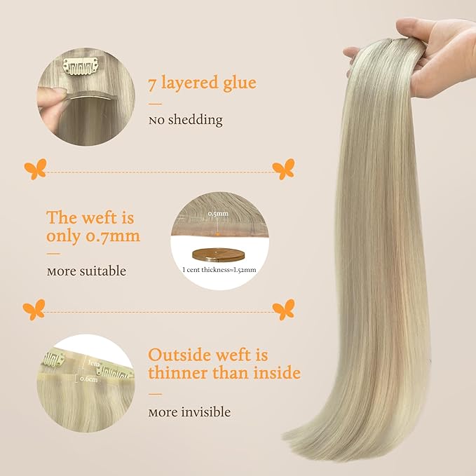 DOORES Clip in Hair Extensions - Real Human Hair, Ash Blonde Highlighted Platinum Blonde, 110g 7pcs 16 Inch, Invisi Edge Seamless Straight Natural Extensions