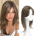 UDU Ash Brown Highlights Synthetic Fiber Hair Toppers for Women with Multi-layer Long Straight Wavy Clip in Wiglets and Fringe Bangs