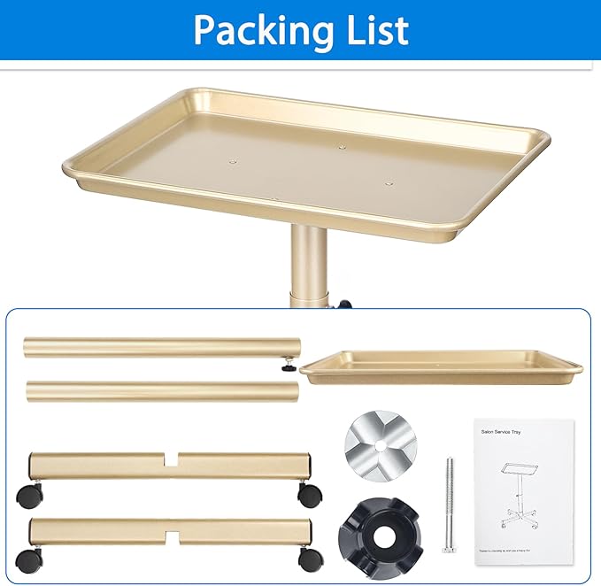 Salon Tray on Wheels, Champagne Gold Salon Service Tray Cart with Adjustable Height,Ideal Use As Salon Tattoo Tray&Medical Tray,No-Rusting