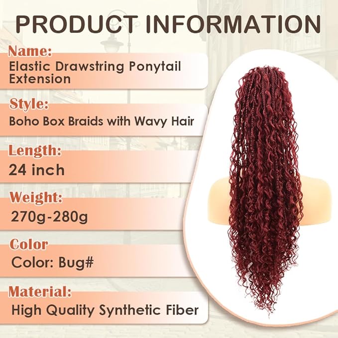 Drawstring Ponytail for Women Boho Box Braids with Long Wavy Hair Ponytail Extension Synthetic Hair Extensions Ponytail for Daily Use (BUG#, 24 Inch)