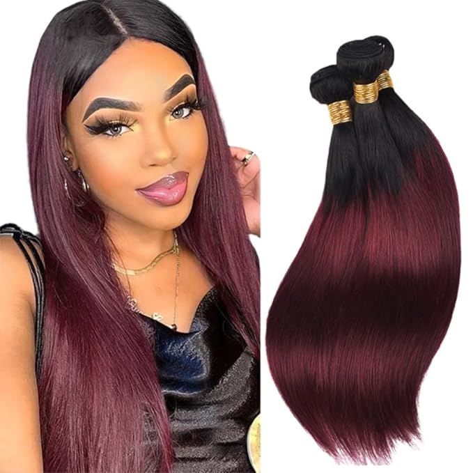 Ombre Human Hair Bundles Burgundy Straight Bundles Peruvian Virgin Remy Hair Extensions 16 18 20 Inch Niegmeag Double Weft 2 Tone Black and Red Straight Bundle Hair Weave 300g
