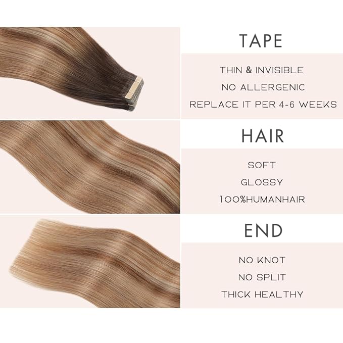 Tape in Hair Extensions Human Hair 20pcs Remy Hair Extensions 18 Inch Chestnut Brown to Light Brown Mixed Light Blonde Straight Invisible Human Hair Tape in Extensions (2/6/18K#,18 Inch)
