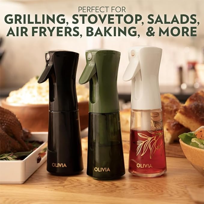 FLAIROSOL OLIVIA Oil Sprayer for Cooking, 200ml Glass Olive Oil Sprayer, Continuous Cooking Spray Dispenser with Portion Control for Kitchen, Air Fryer, Salad, BBQ (Black Bottle, Gold Print)