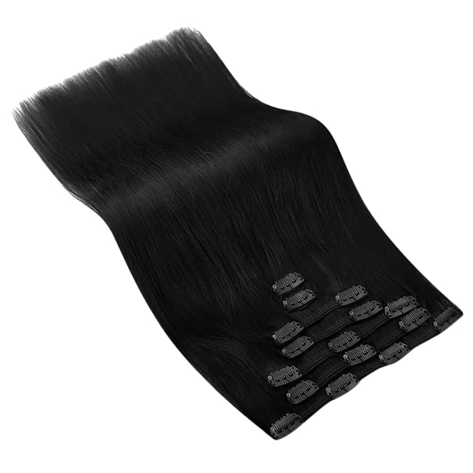 Ve Sunny Clip in Hair Extensions Real Human Hair Jet Black Hair Extensions Double Weft 9A Virgin Remy Human Hair Extensions Clip in Natural Brazilian Hair 18inch 7pcs 120g