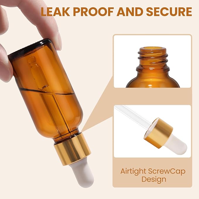 50Pack 1oz Amber Glass Dropper Bottles with Gold Lids, Funnels, Droppers, Extra Caps & Labels – Leakproof, UV Resistant 30ml Empty Bottle for Tinctures, Essential Oils, Beard, Hair Oils
