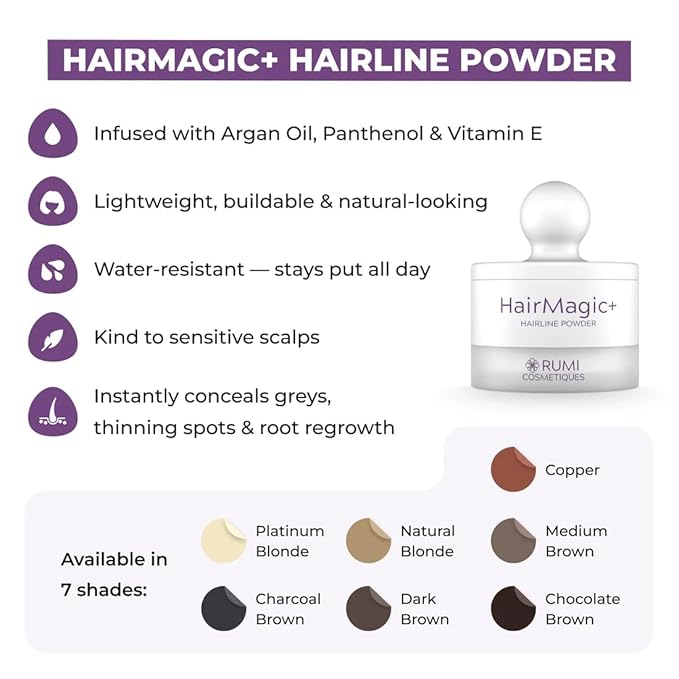 Rumi Cosmetiques HairMagic+ Root Touch Up Powder – Instant Gray Hair Coverage & Hairline Filler – Water-Resistant, Natural Finish, Nourishing Formula with Argan Oil & Vitamin E (Platinum Blonde)