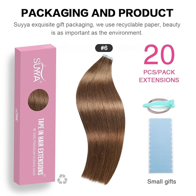 SUYYA Tape in Hair Extensions Remy Human Hair Chestnut Brown 14 inches 40g/pack 20pcs Straight Seamless Skin Weft Tape in Extensions(14 inches #6 Medium Brown)