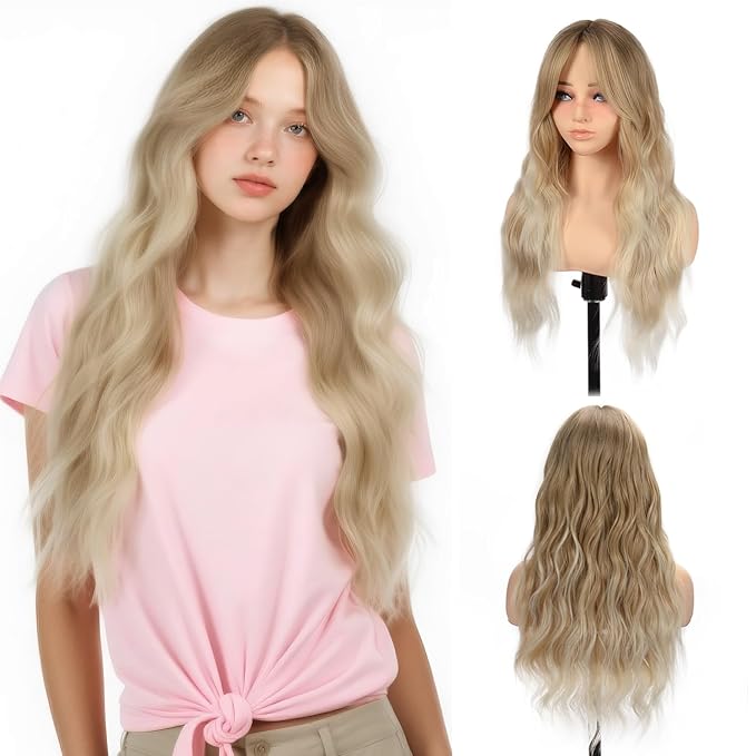 Long Wavy Ombre Ash Blonde Wig with Curtain Bangs for Women 26 Inch Synthetic Wig Natural Looking Heat Resistant Fiber Hair Wig for Daily Party Halloween Cosplay Use