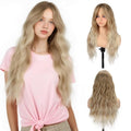 Long Wavy Ombre Ash Blonde Wig with Curtain Bangs for Women 26 Inch Synthetic Wig Natural Looking Heat Resistant Fiber Hair Wig for Daily Party Halloween Cosplay Use