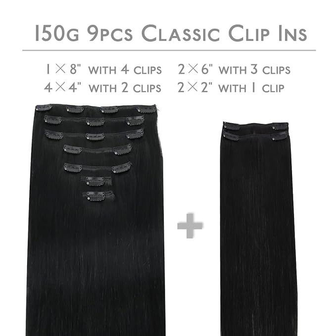 WENNALIFE Clip in Hair Extensions, 150g 16 Inch 9pcs Jet Black Remy Hair Thicker Double Weft Extensiones De Cabello Humano Con Clip Ins Straight Full Volume