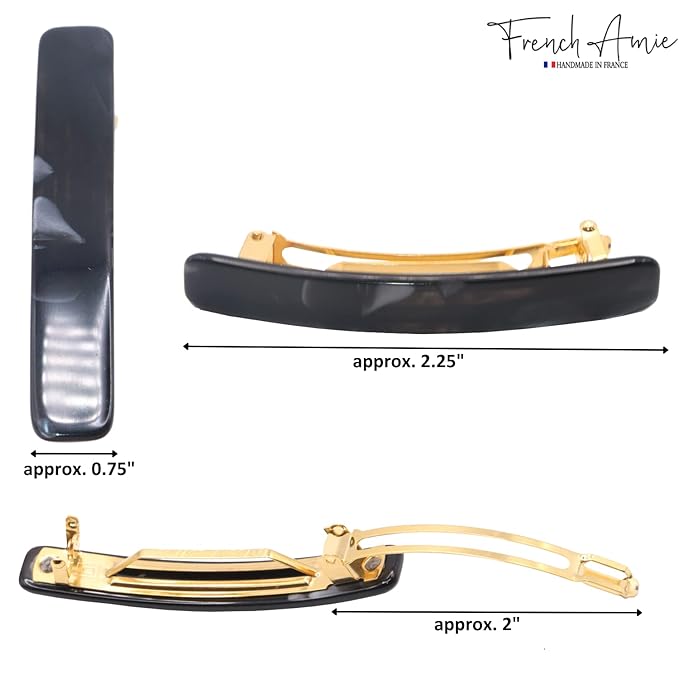 French Amie Small 2 1/4 inch Celluloid Handmade Hair Barrette No Slip Grip Durable Styling Women Hair Accessories Hair Clip for Girls, Made in France(Black)
