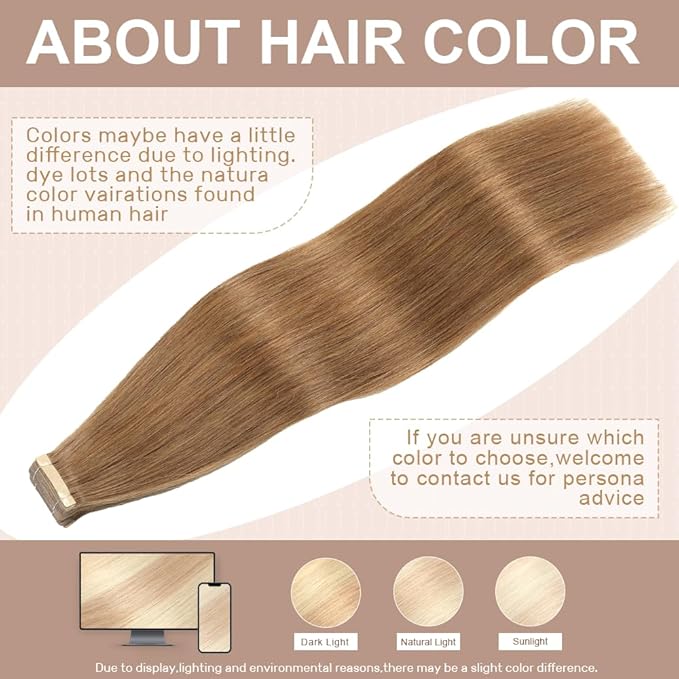 Tape in Hair Extensions Real Human Hair 24 Inch Tawny Brown Tape for Skin Weft Hair Extension Invisible Tape in Hair Extensions Straight Remy Human Hair for Women 20pcs