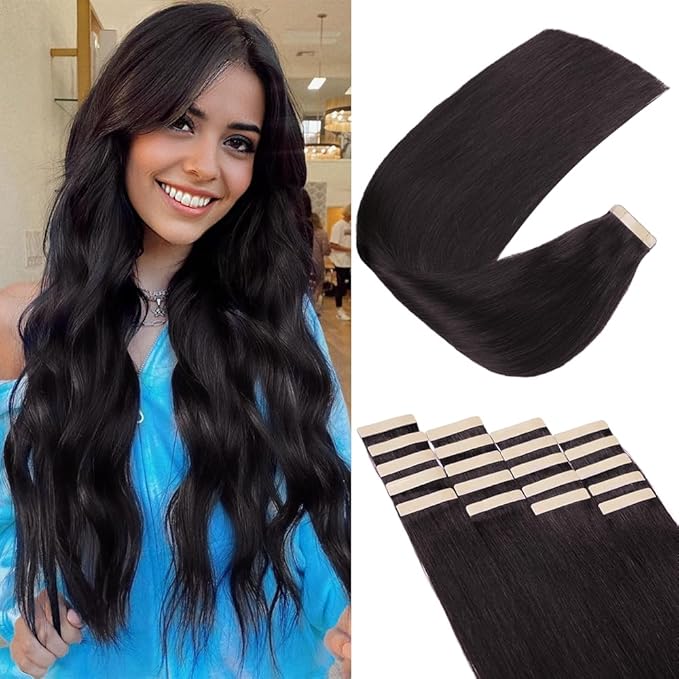 Tape in Hair Extensions Human Hair, Hair Extensions 18 Inch 20pcs Natural Black Remy Straight Human Hair Tape in Extensions Skin Weft Tape Extensions Human Hair (1B#,18 Inch)