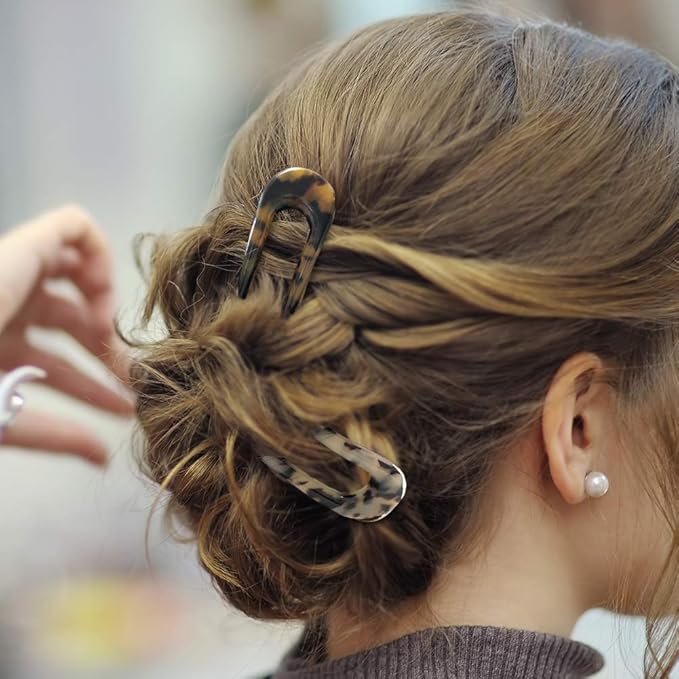 Fsmiling French Hair Pins Tortoise Shell U Shaped 2 Prong Hair Sticks Acetate Chignon Pin for Women Hairstyle Accessories 2 Pack