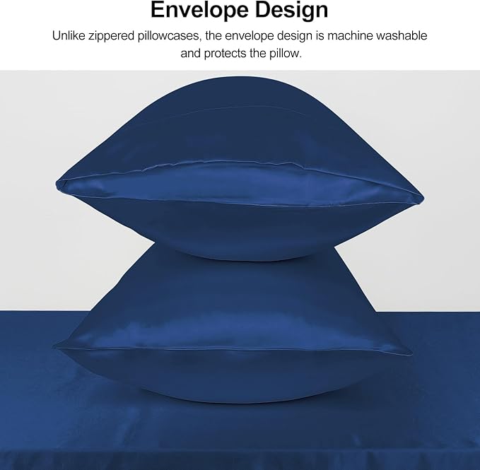 Lirex Satin Pillowcase 2-Pack, Standard Size Satin Pillowcase Soft Solid Color Microfiber Satin Pillowcase, Envelope Closure Wrinkle Free Fade Resistant Breathable, Navy Blue