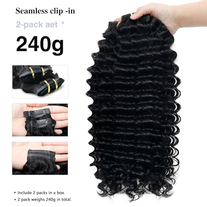 Deep Wave Clip in Hair Extensions Real Human Hair 2 Pack 240g Seamless Clip in Hair Extensions for Women Full Max with 18Pcs PU Thin Weft 18inch Natural Black